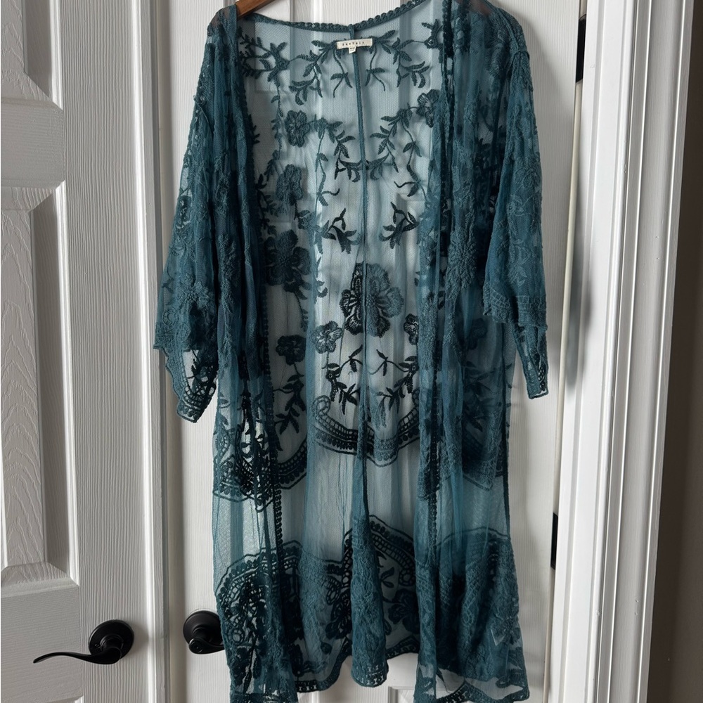 Teal Sheer Embroidered Kimono